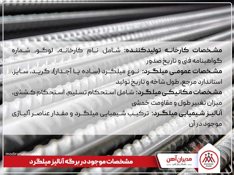 مشخصات موجود در برگه آنالیز میلگرد مشخصات موجود در برگه آنالیز میلگرد